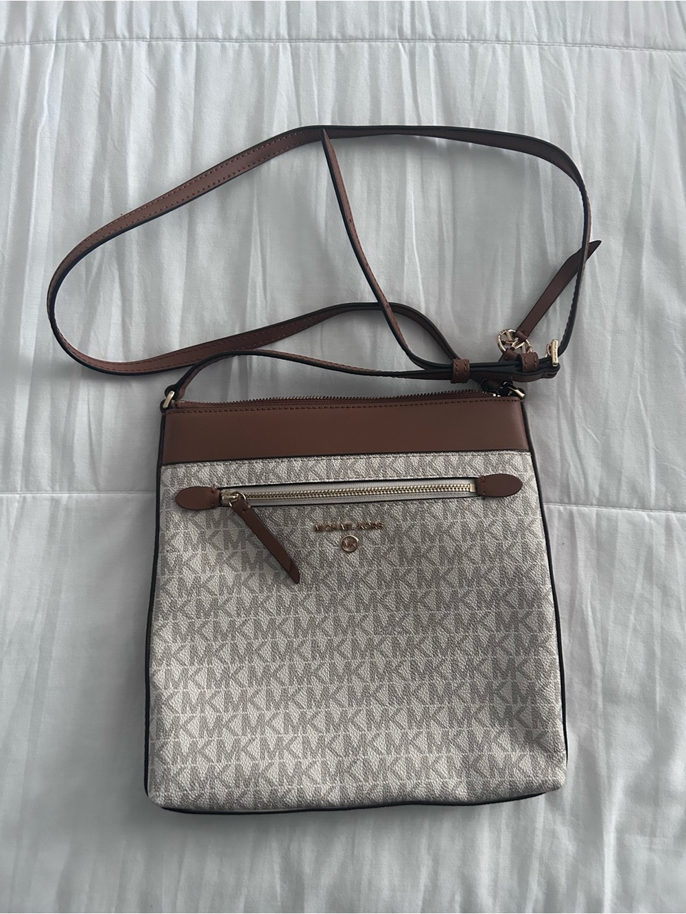 Michael Kors Beige Signature Crossbody with Brown Trim